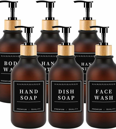 Amorettise Black Plastic Soap Dispenser Bottles 16.9oz 6 Pack Bamboo Pump