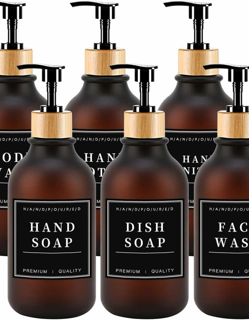 Load image into Gallery viewer, Amorettise Black Plastic Soap Dispenser Bottles 16.9oz 6 Pack Bamboo Pump
