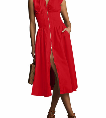 Wenrine Womens Summer Smocked Midi Dress V Neck Cap Sleeve Red Size M
