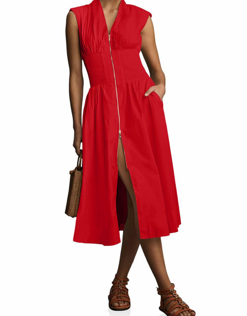 Load image into Gallery viewer, Wenrine Womens Summer Smocked Midi Dress V Neck Cap Sleeve Red Size M
