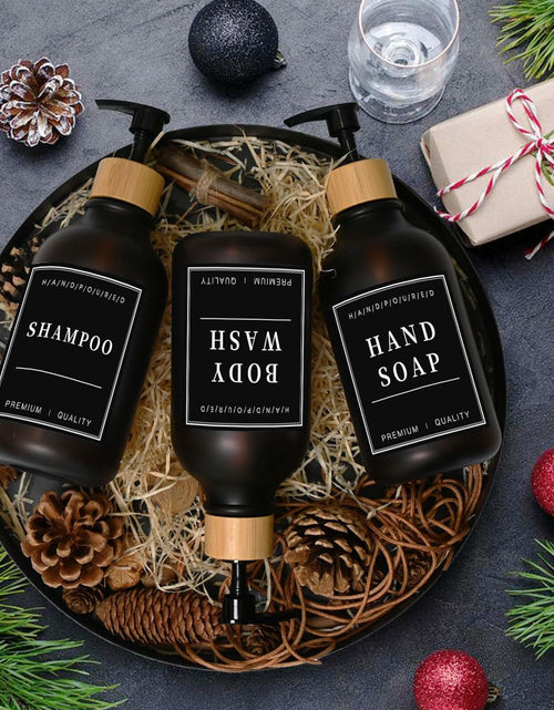 Load image into Gallery viewer, Amorettise Black Plastic Soap Dispenser Bottles 16.9oz 6 Pack Bamboo Pump
