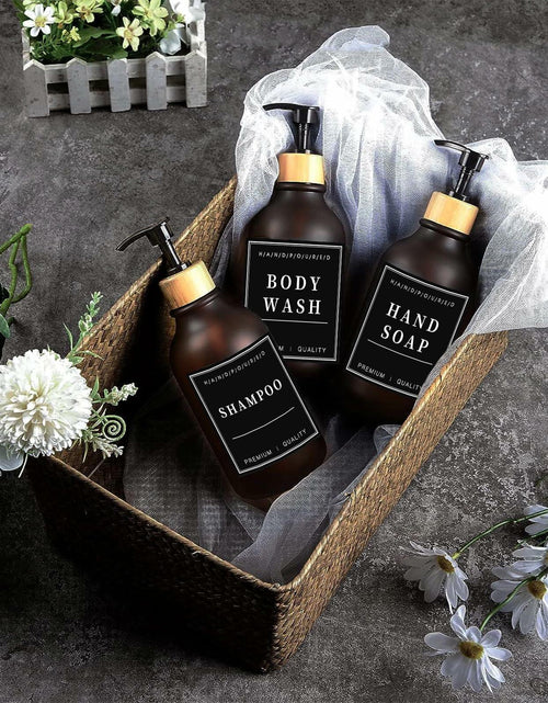 Load image into Gallery viewer, Amorettise Black Plastic Soap Dispenser Bottles 16.9oz 6 Pack Bamboo Pump
