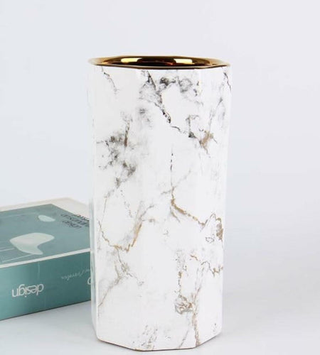 Generic White Gold Finish Marble Ceramic Flower Vase Octagon Modern 10"