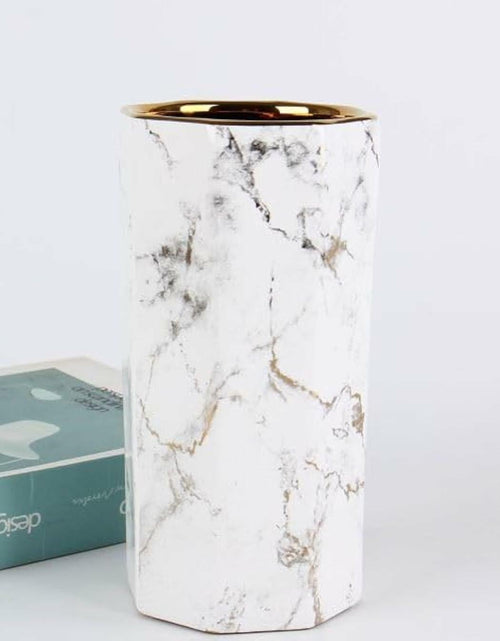 Load image into Gallery viewer, Generic White Gold Finish Marble Ceramic Flower Vase Octagon Modern 10"
