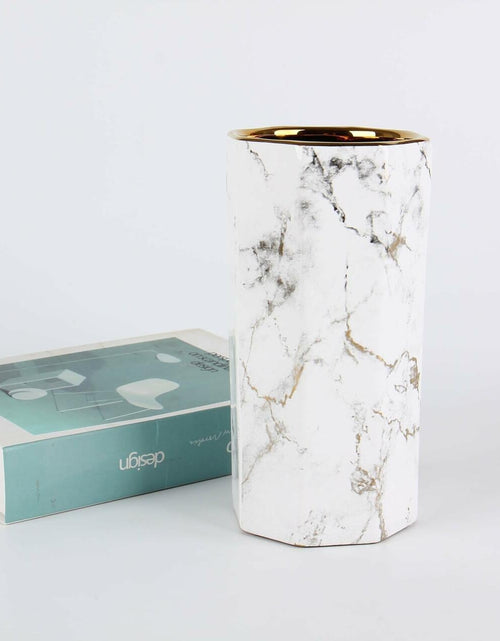 Load image into Gallery viewer, Generic White Gold Finish Marble Ceramic Flower Vase Octagon Modern 10"
