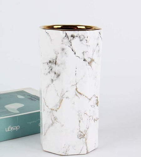 Generic White Gold Finish Marble Ceramic Flower Vase Octagon Modern 10"