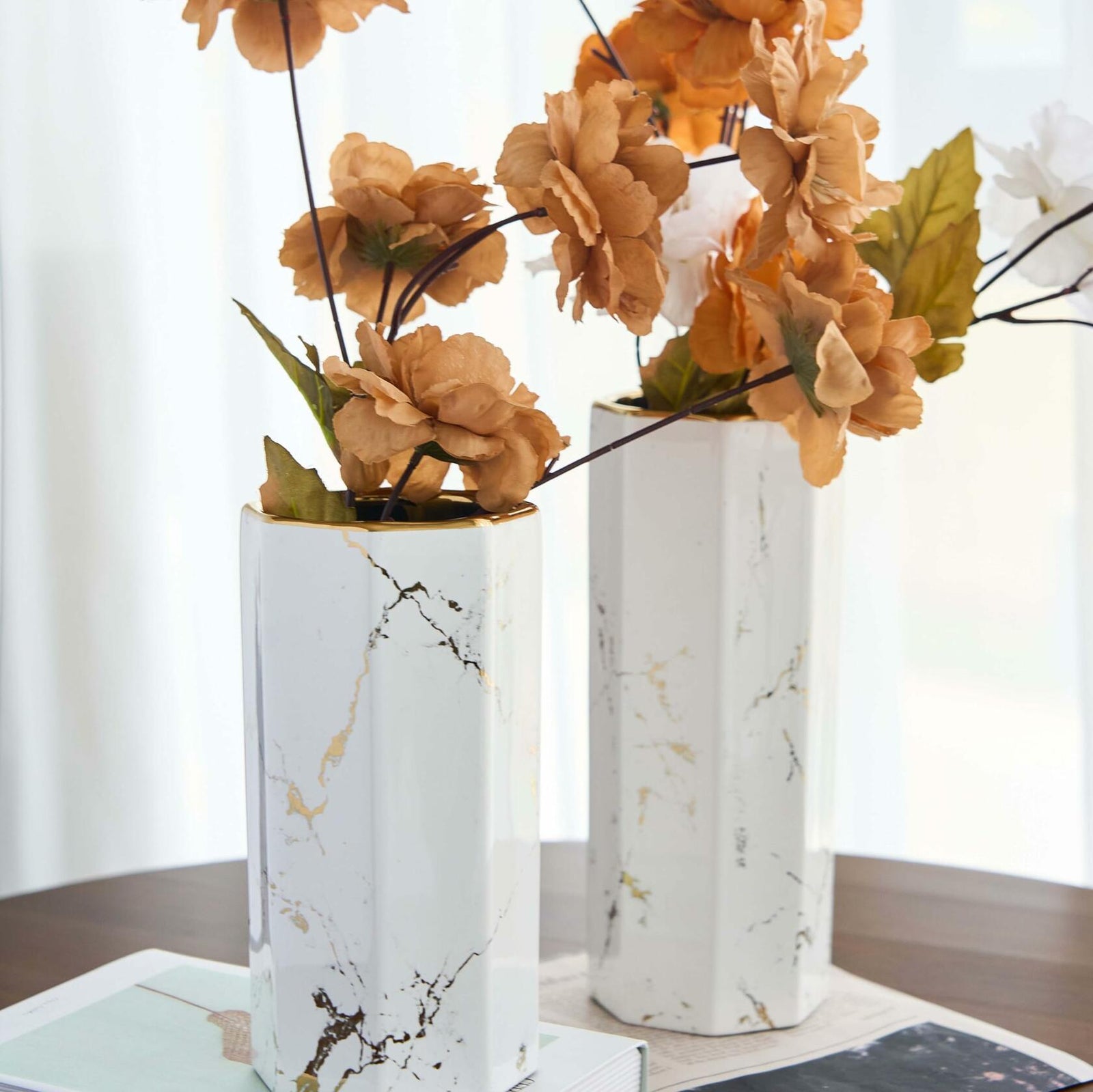 Generic White Gold Finish Marble Ceramic Flower Vase Octagon Modern 10"