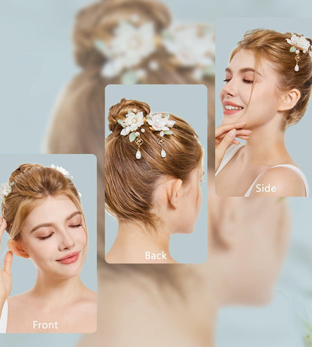 SHIYANG Handmade Camellia Floral Hair Clips White 1 Pair Copper SYFJ03