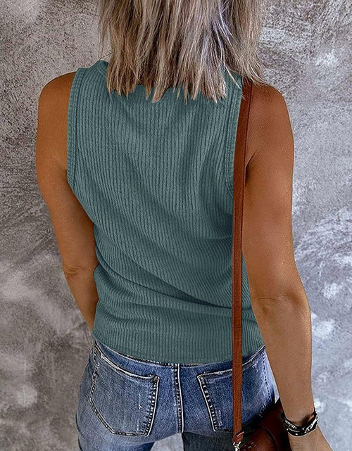 Load image into Gallery viewer, Meow Meow Lace Women's Ribbed V Neck Henley Tank Top Blue Grey Size L
