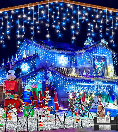 Nielfoi 66ft Icicle Lights 640 LED Blue White Outdoor Indoor Twinkle Curtain