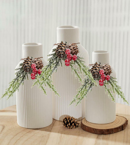 Brighomrom Christmas Ceramic Vases Set of 3 White Ribbed Pineflower Rings