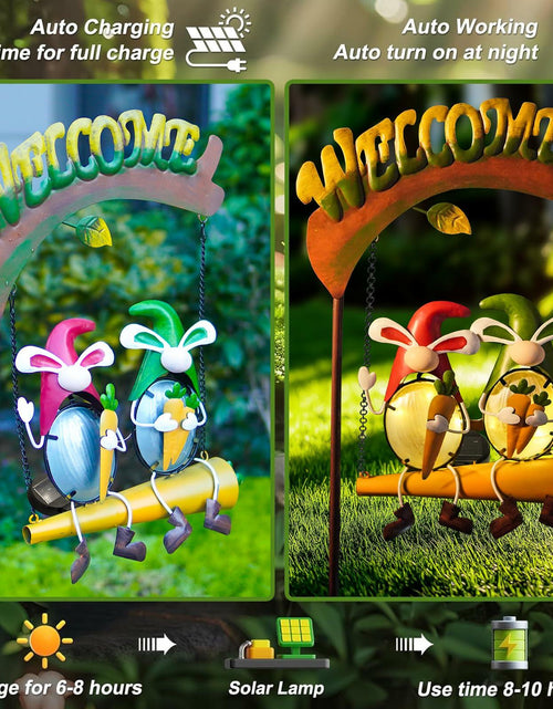 Load image into Gallery viewer, HONGLAND Solar Christmas Gnomes Outdoor Decor Orange Rabbit Welcome Sign

