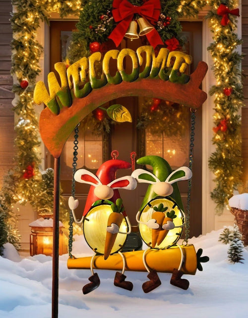 Load image into Gallery viewer, HONGLAND Solar Christmas Gnomes Outdoor Decor Orange Rabbit Welcome Sign
