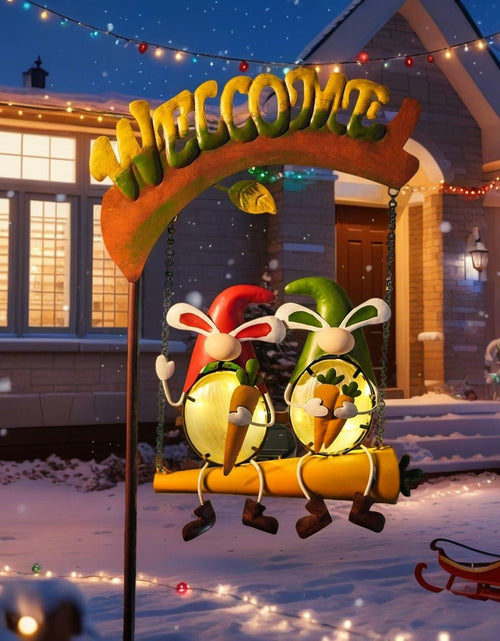 Load image into Gallery viewer, HONGLAND Solar Christmas Gnomes Outdoor Decor Orange Rabbit Welcome Sign
