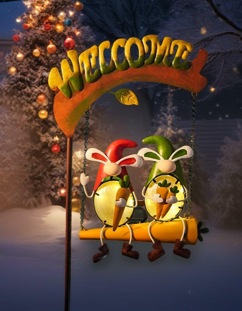 Load image into Gallery viewer, HONGLAND Solar Christmas Gnomes Outdoor Decor Orange Rabbit Welcome Sign
