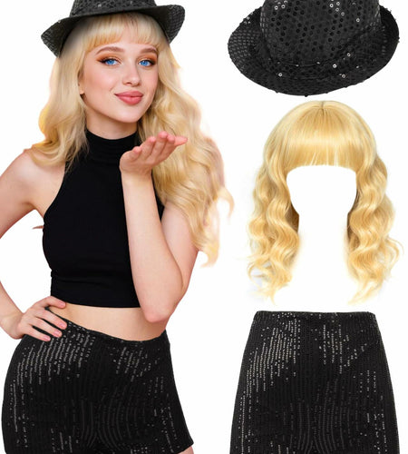 PJPSAA Halloween Singer Costume 3pc Wig Hat Shorts Blonde XL