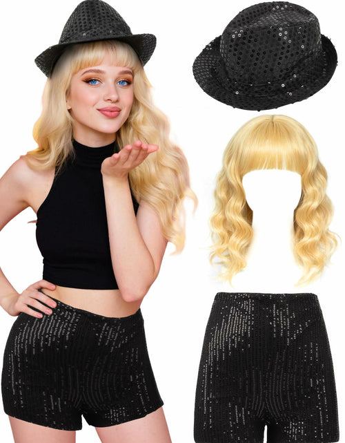 Load image into Gallery viewer, PJPSAA Halloween Singer Costume 3pc Wig Hat Shorts Blonde XL
