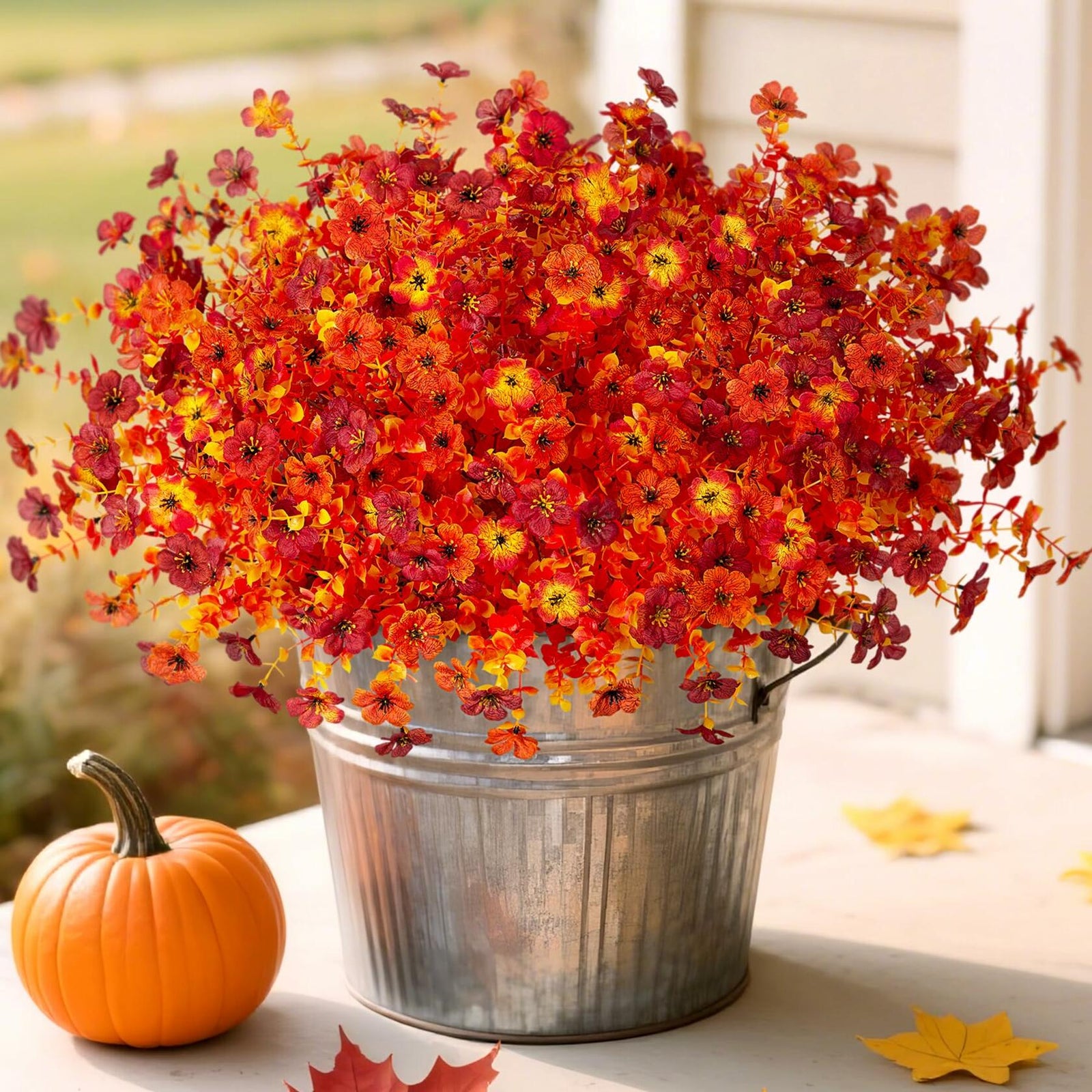 INXUGAO Artificial Mums Fall Flowers UV Resistant 9.7x9.7x13.7in B-red