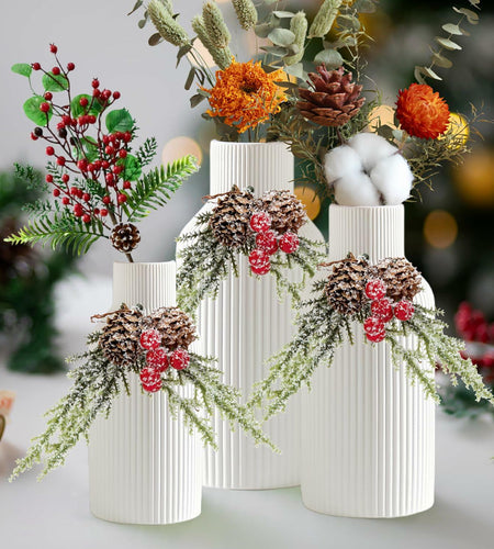 Brighomrom Christmas Ceramic Vases Set of 3 White Ribbed Pineflower Rings