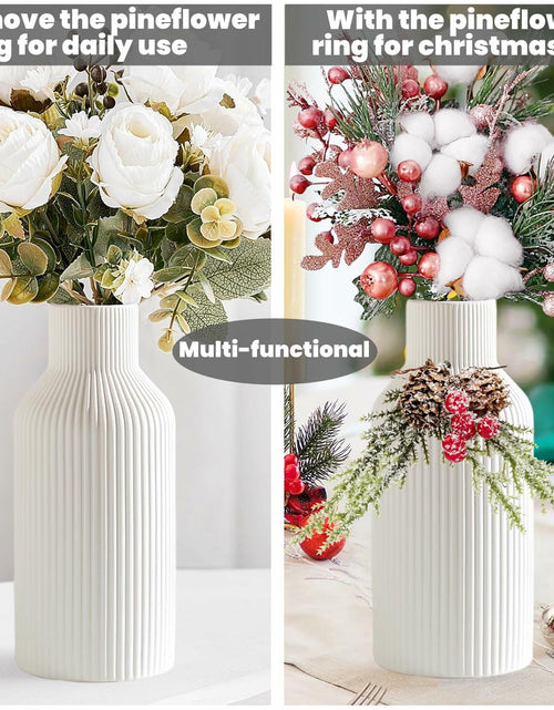 Load image into Gallery viewer, Brighomrom Christmas Ceramic Vases Set of 3 White Ribbed Pineflower Rings
