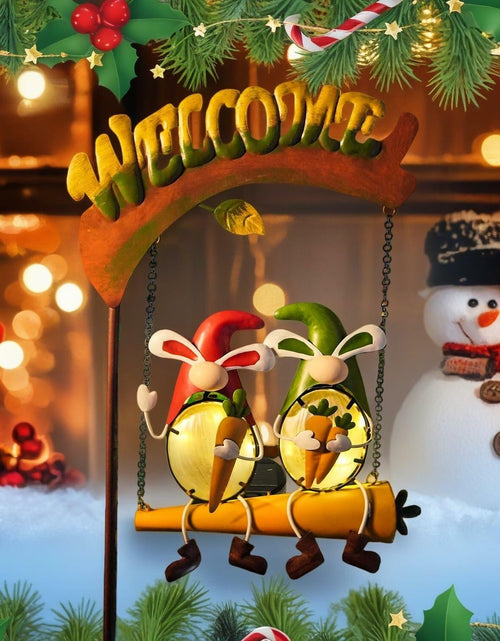 Load image into Gallery viewer, HONGLAND Solar Christmas Gnomes Outdoor Decor Orange Rabbit Welcome Sign
