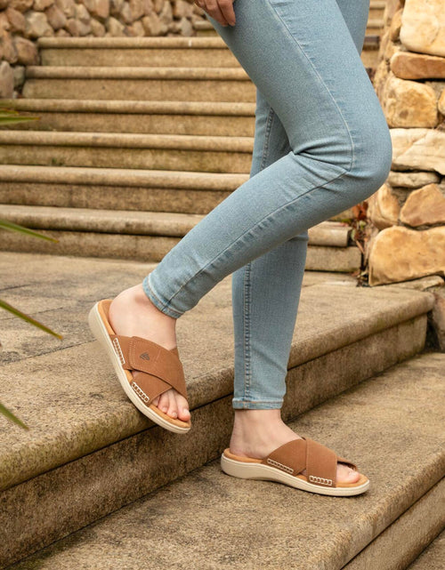 Load image into Gallery viewer, LazyStep Women’s Adjustable Cross Sandals Arch Support Tan Size 6
