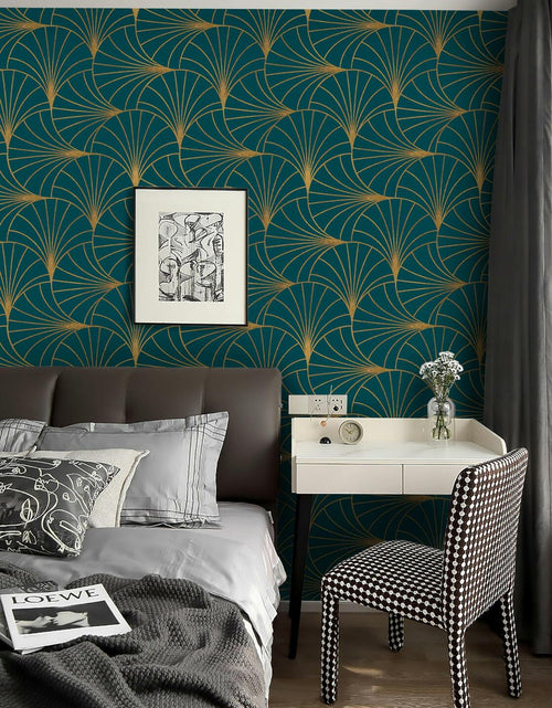 Load image into Gallery viewer, Safiyya Peel &amp; Stick Wallpaper 393x17.3in Gold White Geometric Stripe Vinyl
