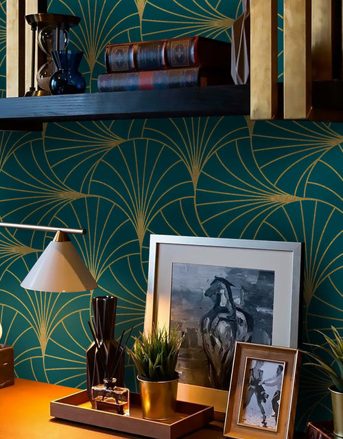 Load image into Gallery viewer, Safiyya Peel &amp; Stick Wallpaper 393x17.3in Gold White Geometric Stripe Vinyl
