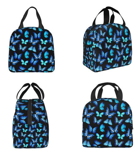 COWDIY Insulated Lunch Bag Black Blue Butterfly Print Waterproof Tote 5.3L