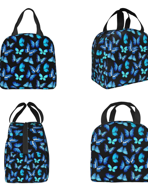 Load image into Gallery viewer, COWDIY Insulated Lunch Bag Black Blue Butterfly Print Waterproof Tote 5.3L
