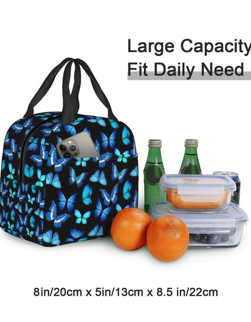 Load image into Gallery viewer, COWDIY Insulated Lunch Bag Black Blue Butterfly Print Waterproof Tote 5.3L
