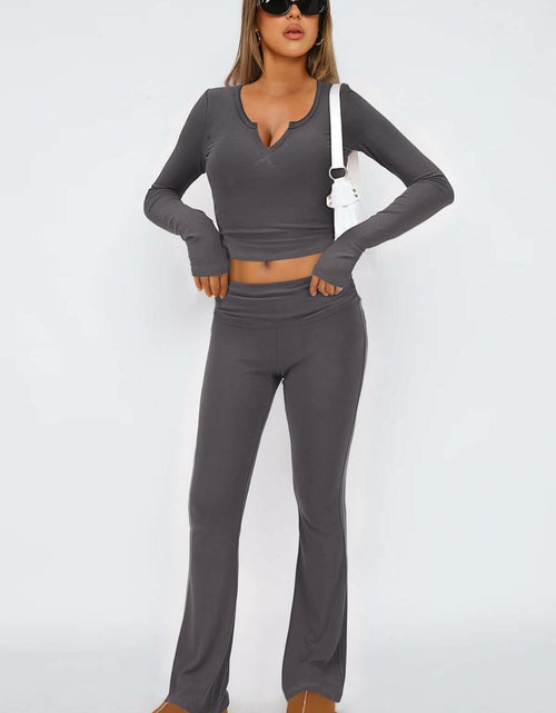 Load image into Gallery viewer, [Like New] FAIRY SEASON Women’s 2pc Lounge Set V-Neck Top Flare Pants Deep Gray S
