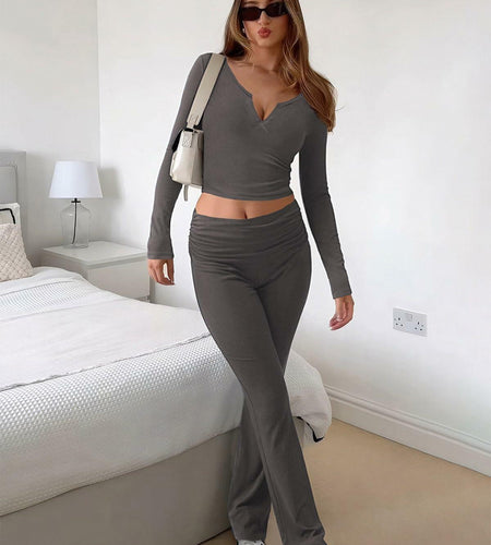 [Like New] FAIRY SEASON Women’s 2pc Lounge Set V-Neck Top Flare Pants Deep Gray S