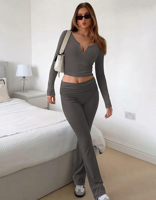 Load image into Gallery viewer, [Like New] FAIRY SEASON Women’s 2pc Lounge Set V-Neck Top Flare Pants Deep Gray S
