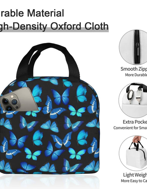 Load image into Gallery viewer, COWDIY Insulated Lunch Bag Black Blue Butterfly Print Waterproof Tote 5.3L
