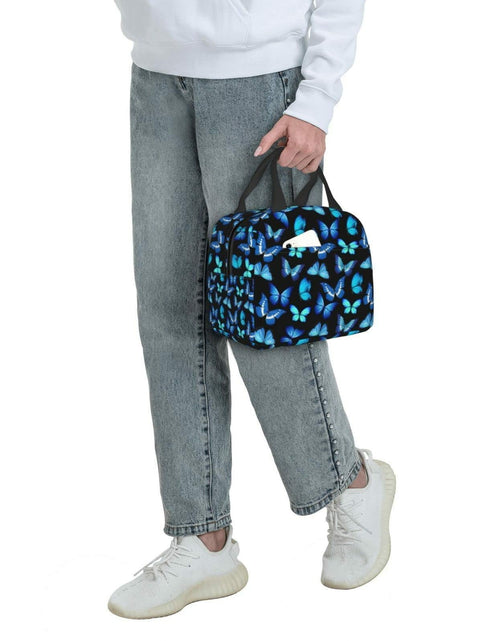 Load image into Gallery viewer, COWDIY Insulated Lunch Bag Black Blue Butterfly Print Waterproof Tote 5.3L
