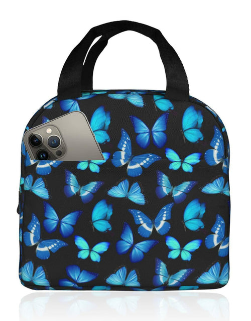 Load image into Gallery viewer, COWDIY Insulated Lunch Bag Black Blue Butterfly Print Waterproof Tote 5.3L
