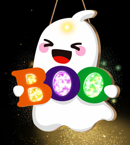tineit BOO Halloween Ghost Door Decor Lighted Hanging Sign 12x13 White