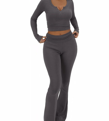 [Like New] FAIRY SEASON Women’s 2pc Lounge Set V-Neck Top Flare Pants Deep Gray S