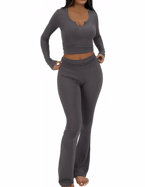 Load image into Gallery viewer, [Like New] FAIRY SEASON Women’s 2pc Lounge Set V-Neck Top Flare Pants Deep Gray S
