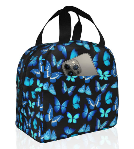 COWDIY Insulated Lunch Bag Black Blue Butterfly Print Waterproof Tote 5.3L