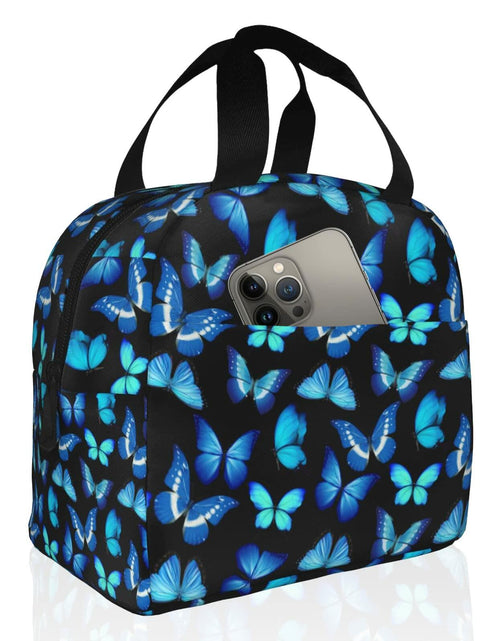 Load image into Gallery viewer, COWDIY Insulated Lunch Bag Black Blue Butterfly Print Waterproof Tote 5.3L
