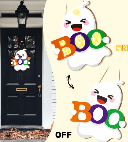 tineit BOO Halloween Ghost Door Decor Lighted Hanging Sign 12x13 White