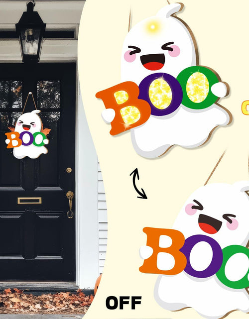 Load image into Gallery viewer, tineit BOO Halloween Ghost Door Decor Lighted Hanging Sign 12x13 White
