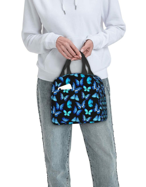 Load image into Gallery viewer, COWDIY Insulated Lunch Bag Black Blue Butterfly Print Waterproof Tote 5.3L
