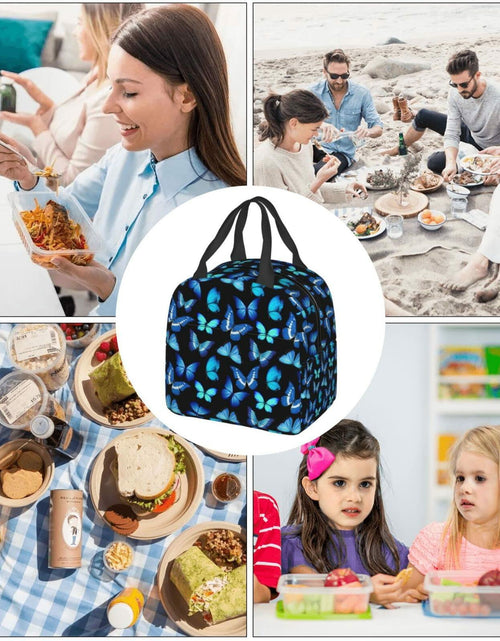 Load image into Gallery viewer, COWDIY Insulated Lunch Bag Black Blue Butterfly Print Waterproof Tote 5.3L
