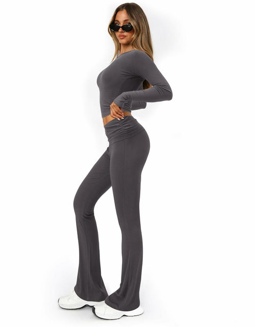 Load image into Gallery viewer, [Like New] FAIRY SEASON Women’s 2pc Lounge Set V-Neck Top Flare Pants Deep Gray S
