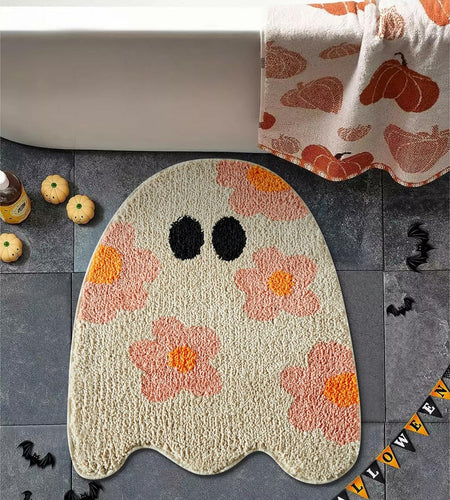 Ouyattle Halloween Ghost Bath Mat Non-Slip Washable Boho Floral Khaki
