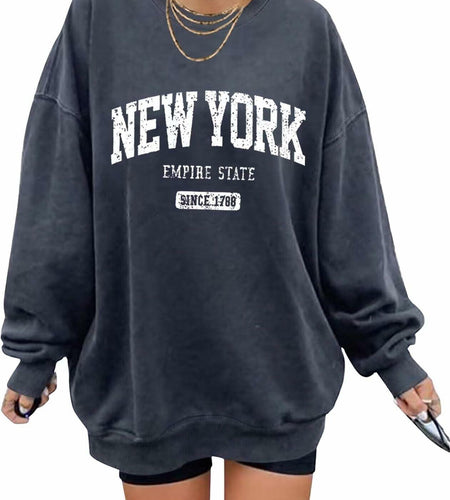 ORANDESIGNE Oversized Graphic Sweatshirt Women Long Sleeve New York Blue Size XS