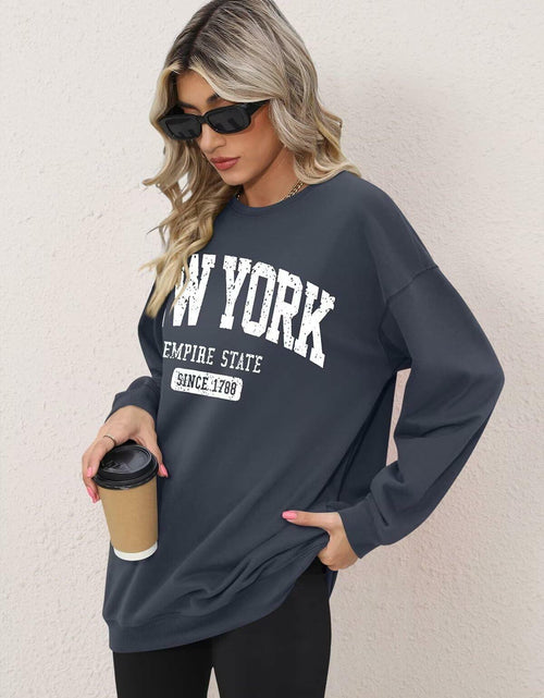 Load image into Gallery viewer, ORANDESIGNE Oversized Graphic Sweatshirt Women Long Sleeve New York Blue Size XS
